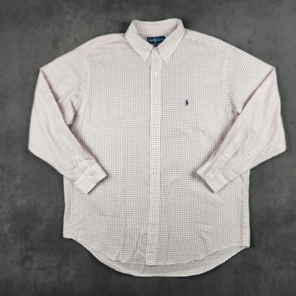 Ralph Lauren Yarmouth Shirt Mens 17.5 34/35‎ White Burgundy Check Button Down